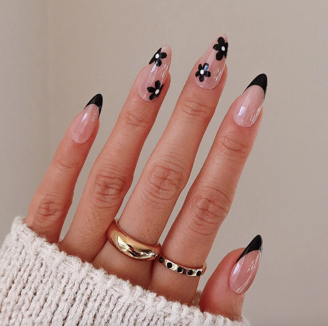 5. Black French Tip With Flowers