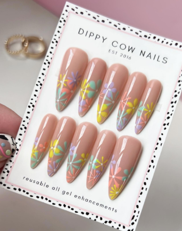 nude and rainbow floral press on nails