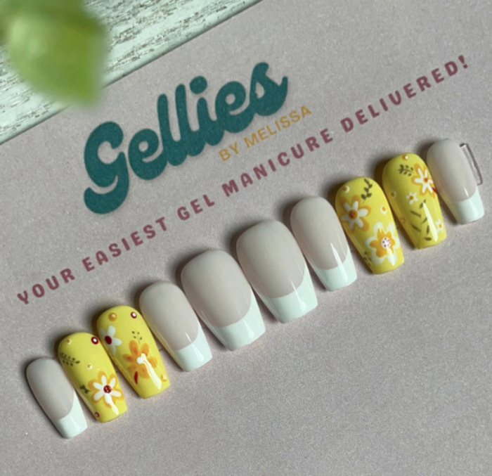 yellow and white floral press on nails